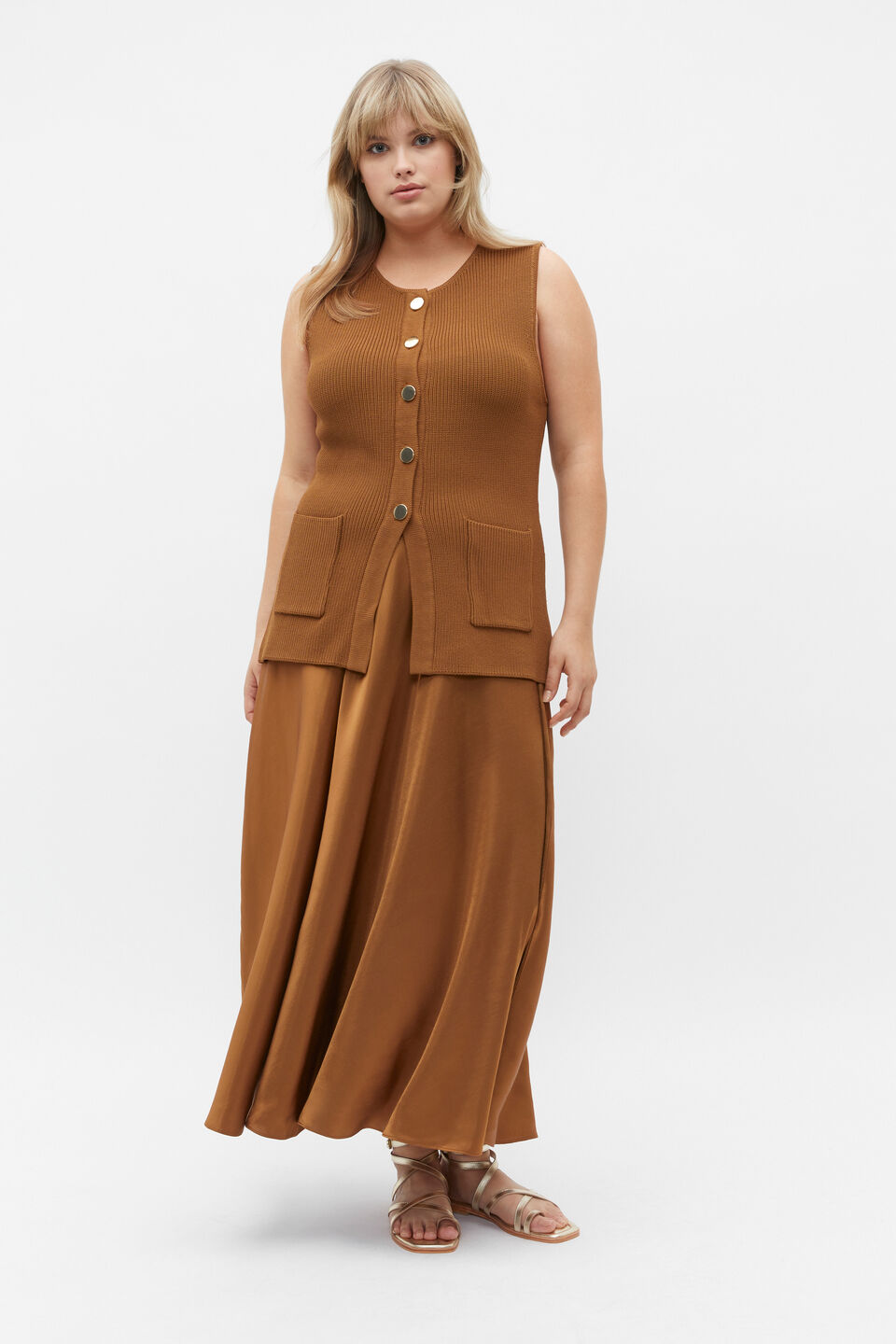 Crepe Rib Button Down Vest  Cinnamon Spice