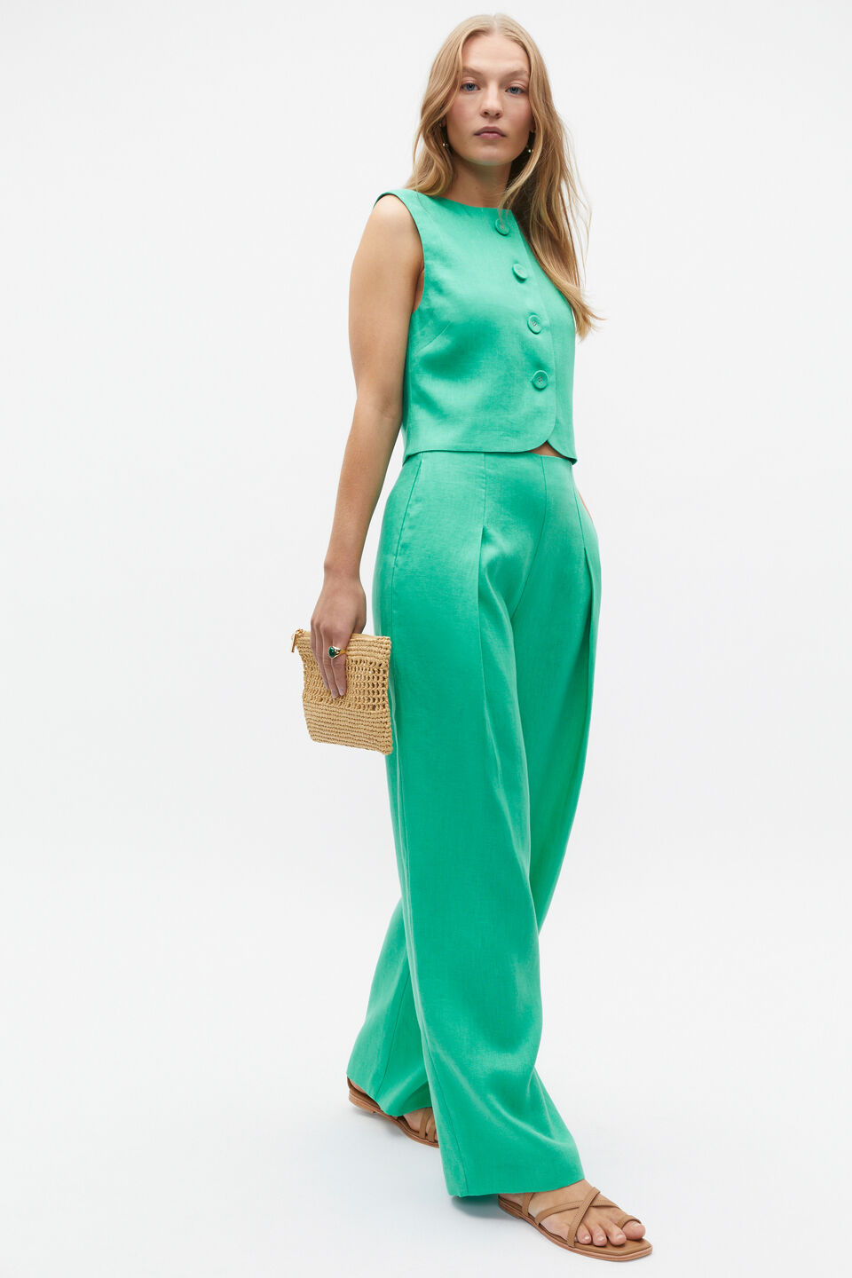 Linen Button Down Shell Top  Deep Emerald