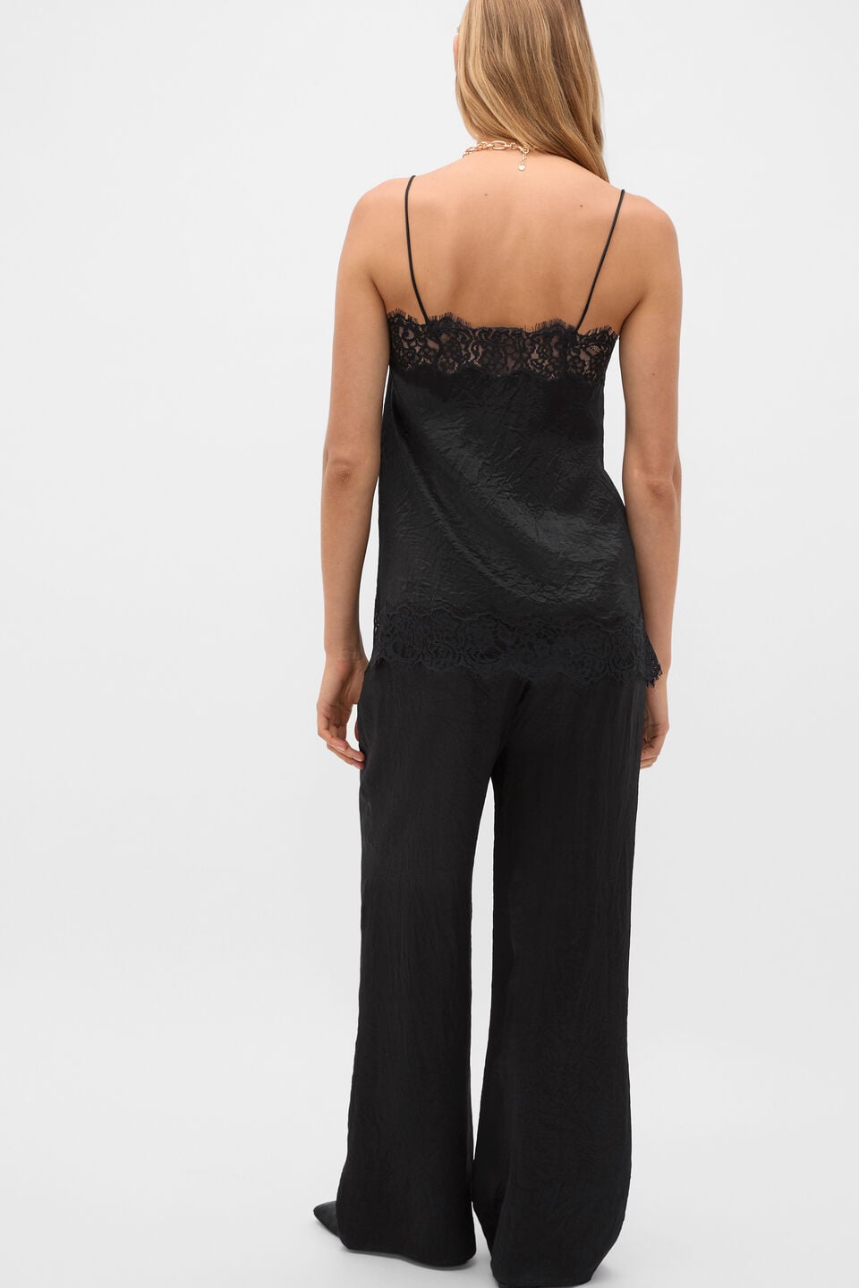 Crinkled Satin Lace Square Neck Cami  Black