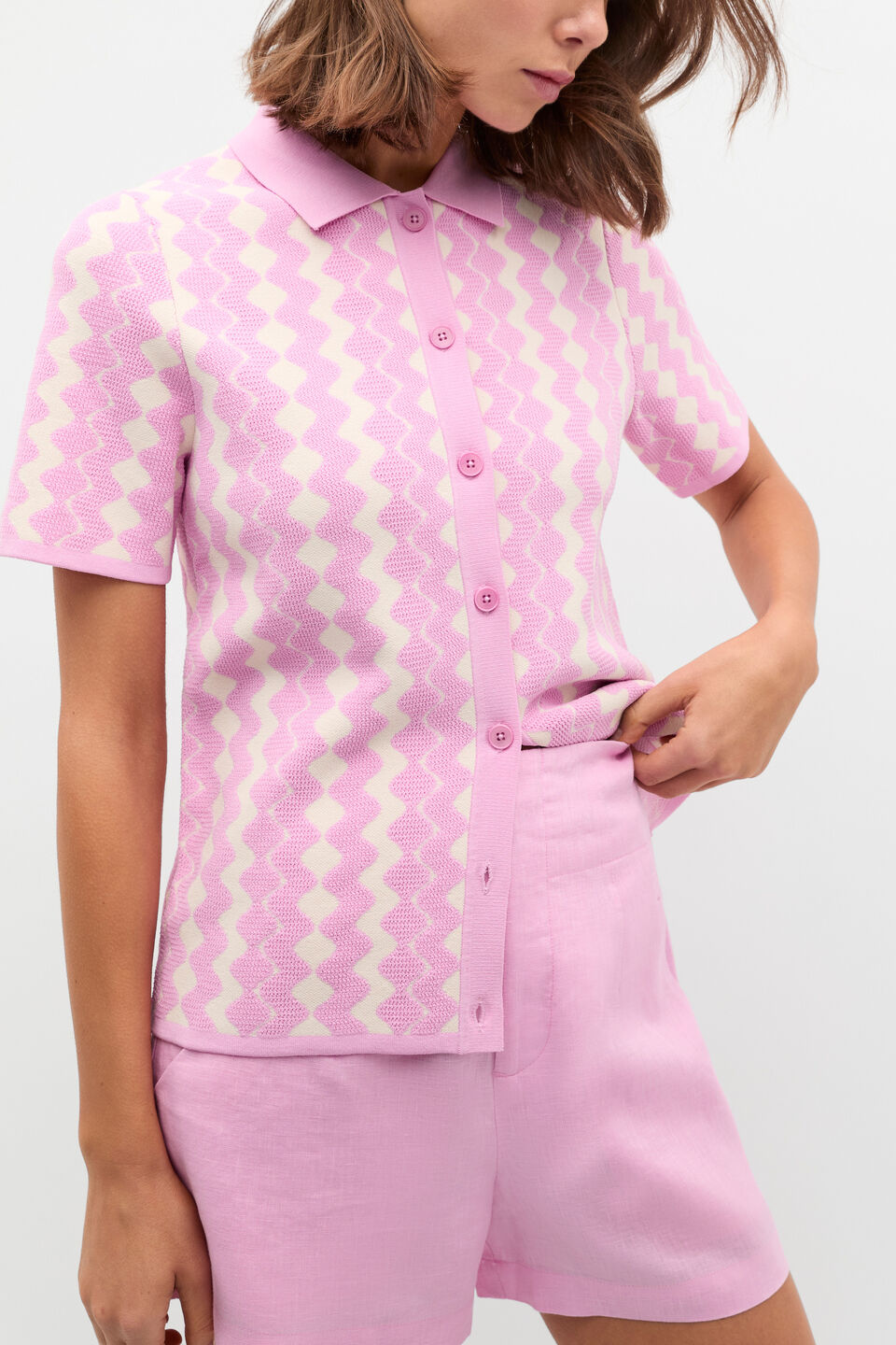 Jacquard Knit Polo Top  Fairy Floss