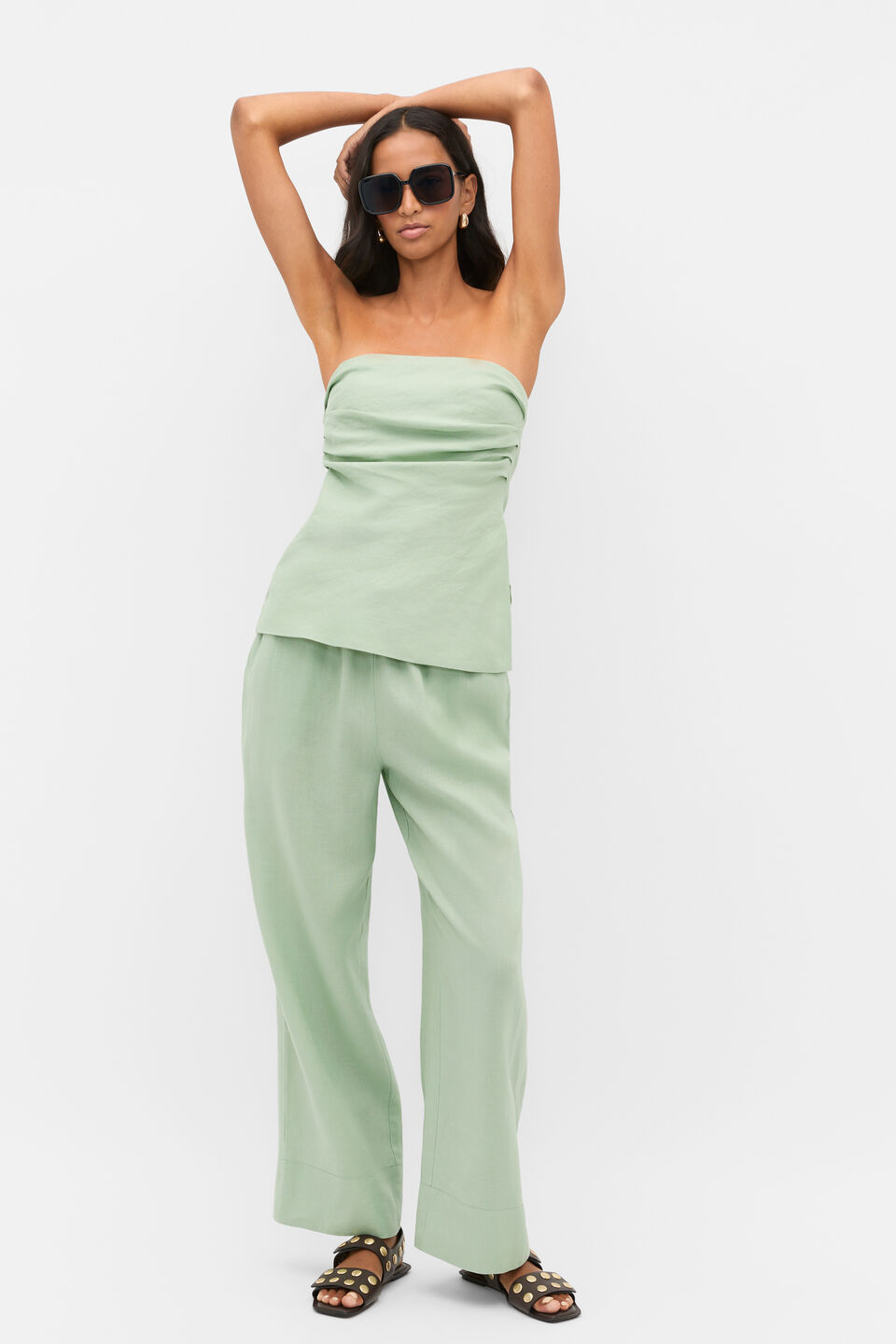 Linen Strapless Tuck Detail Top  Eucalyptus