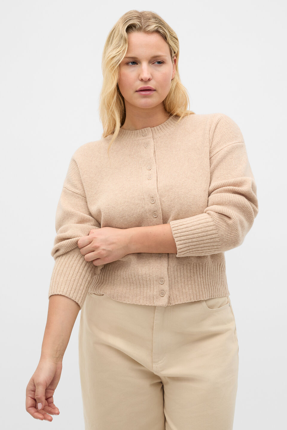 Merino Button Up Knit Cardigan  Sandstone Marle