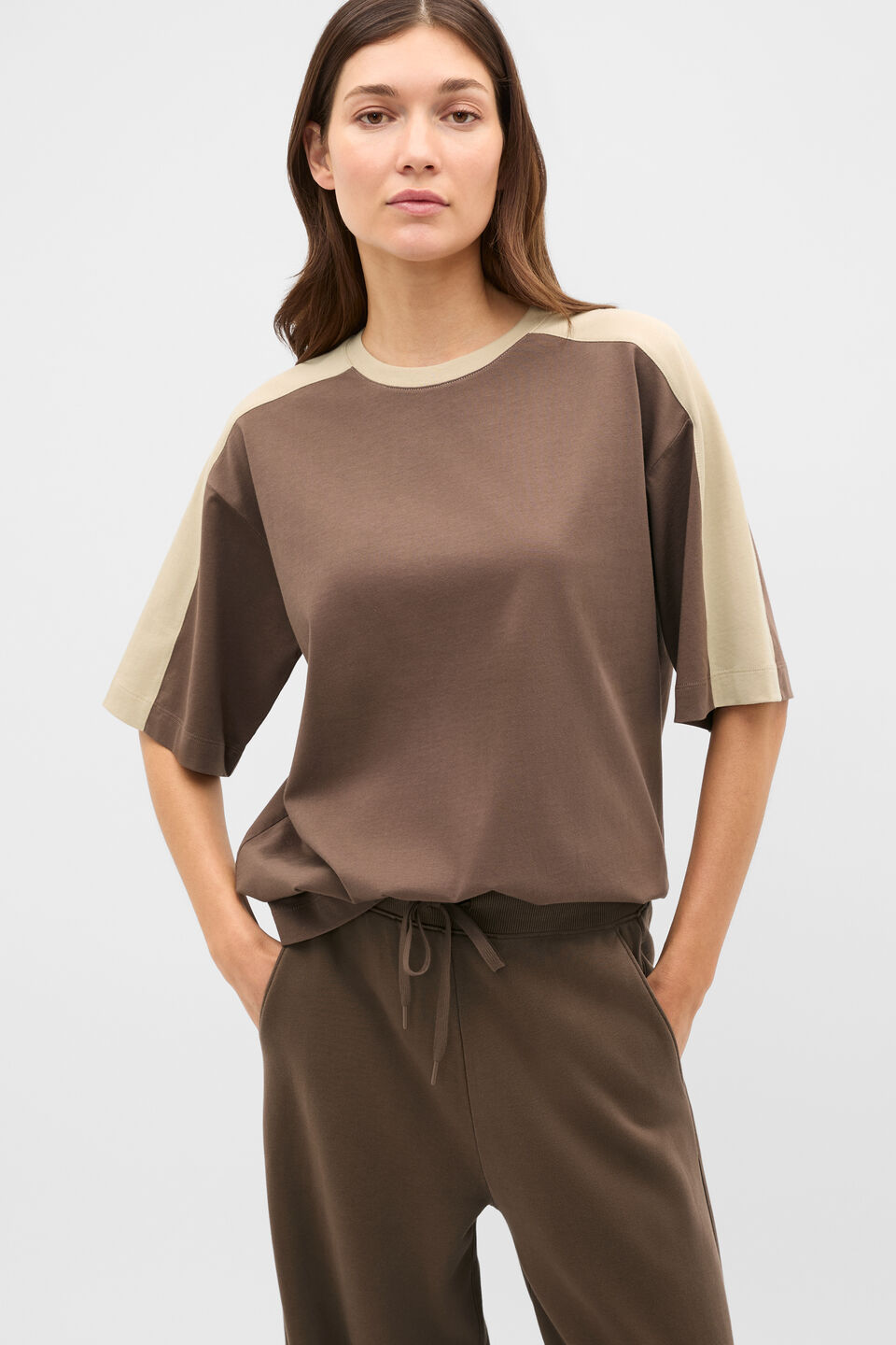 Contrast Sleeve Panel Boxy Tee  Chestnut
