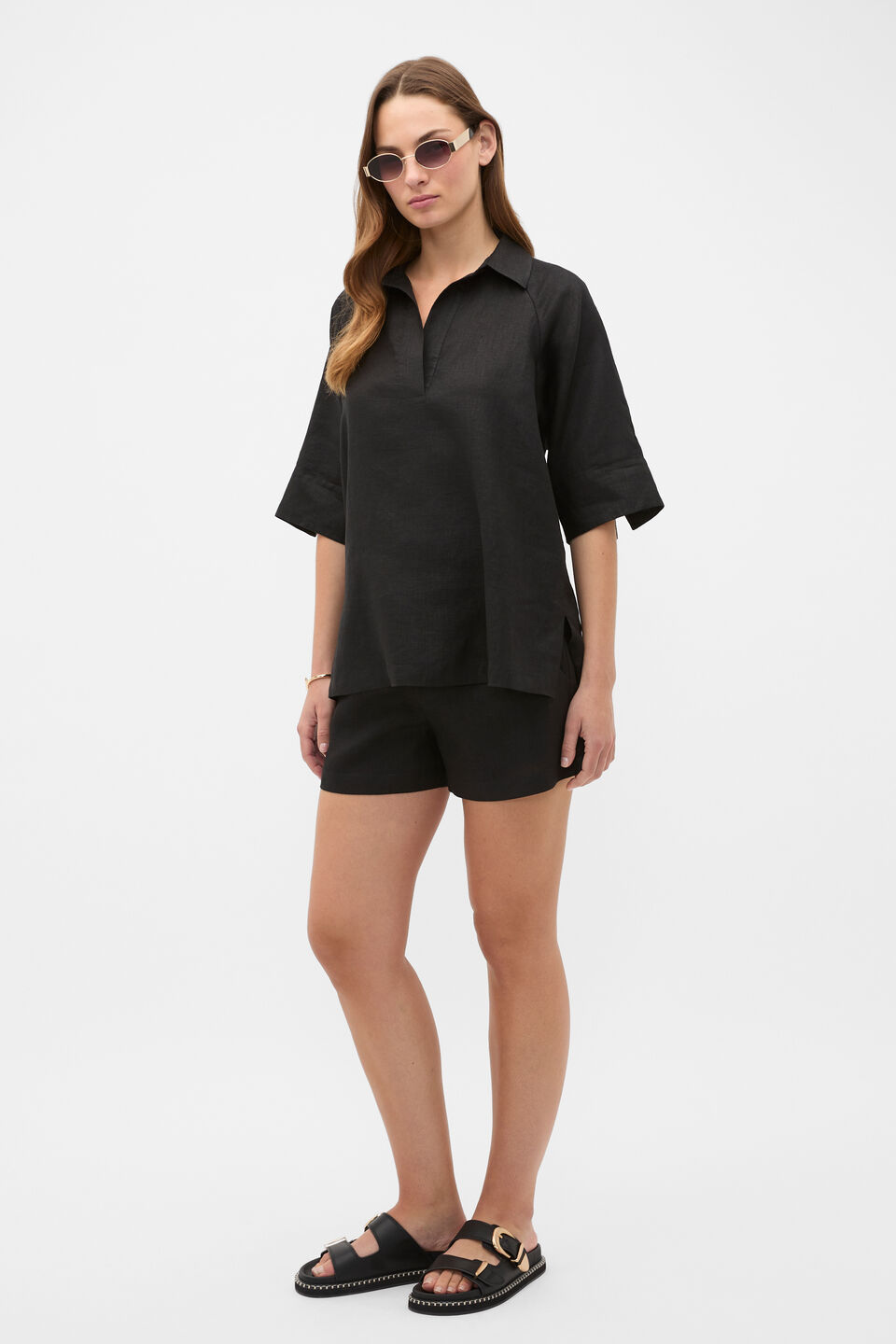 Core Linen Half Placket Popover  Black