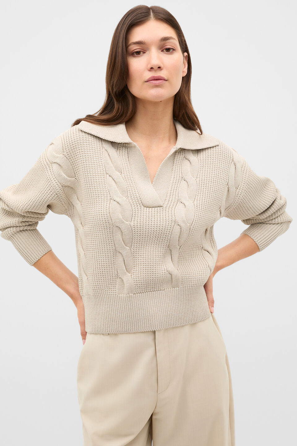 Cotton Textured Cable Knit  Cashew Cream Marle