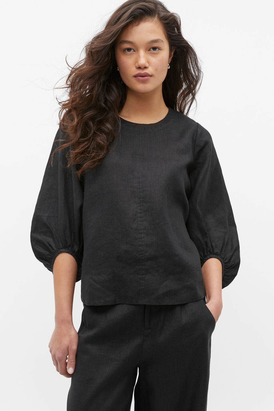 Core Linen Balloon Sleeve Top  Black