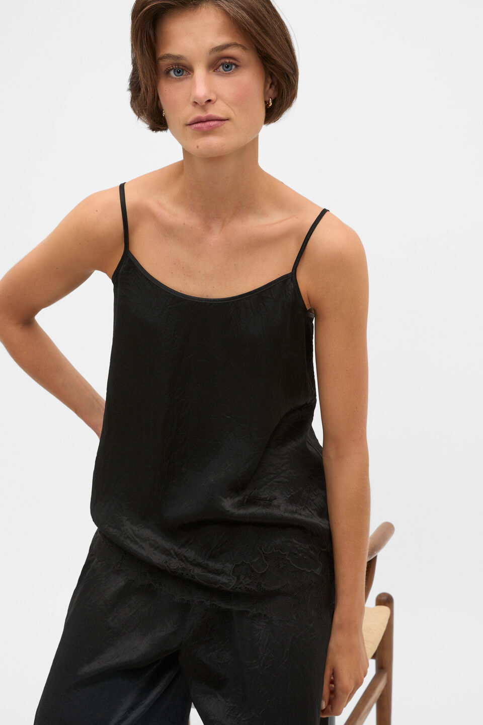Crinkled Satin Lace Trim Cami  Black
