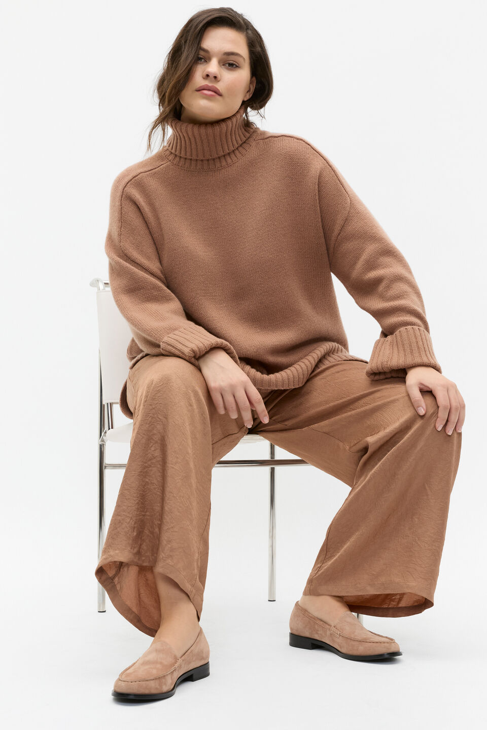 Merino Wool Roll Neck Side Split Knit  Amaretto