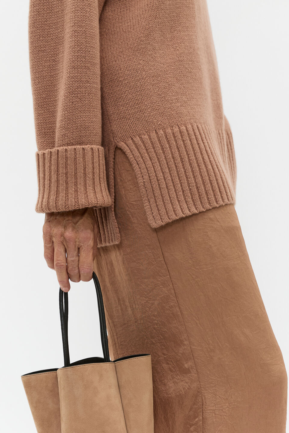 Merino Wool Roll Neck Side Split Knit  Amaretto