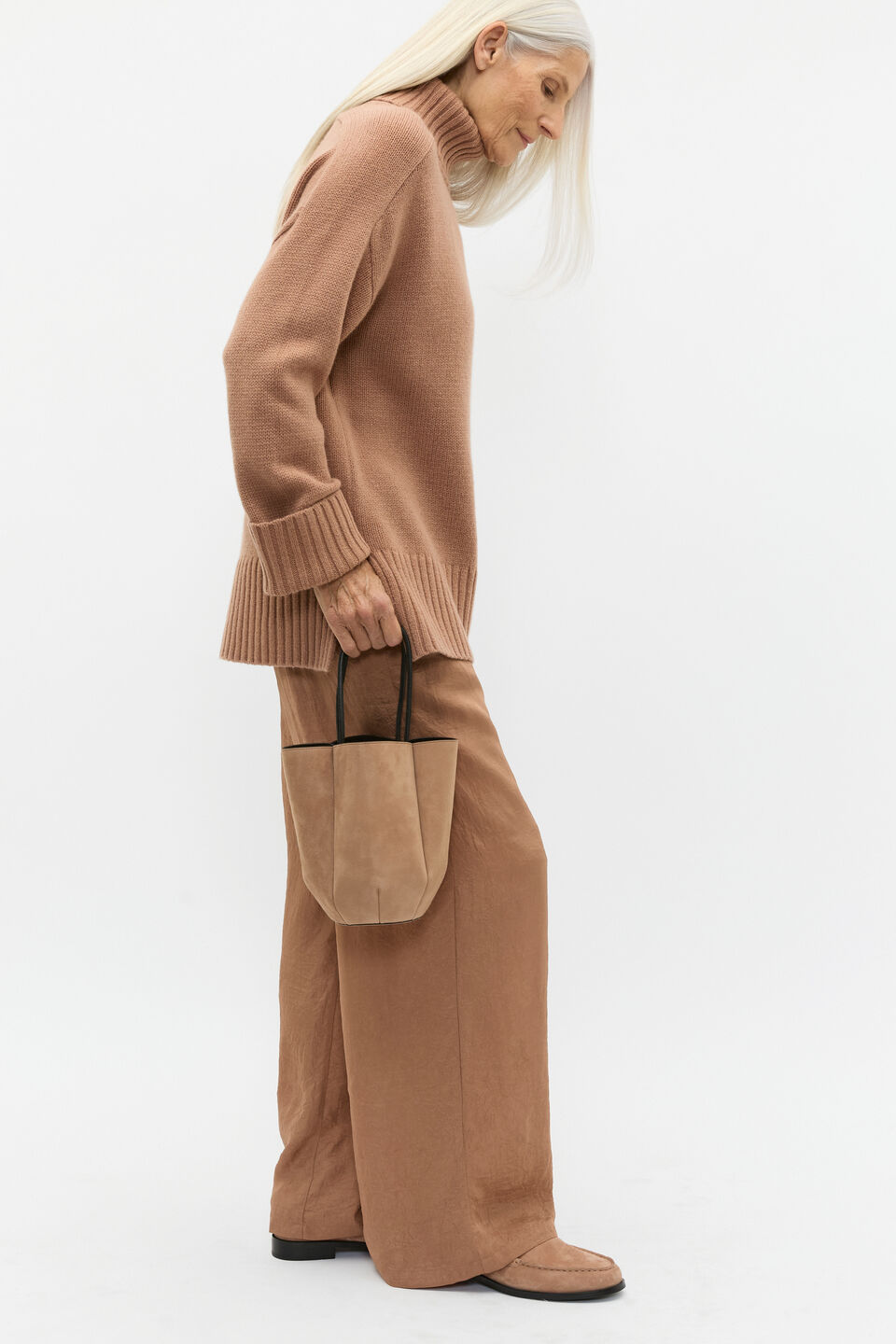 Merino Wool Roll Neck Side Split Knit  Amaretto