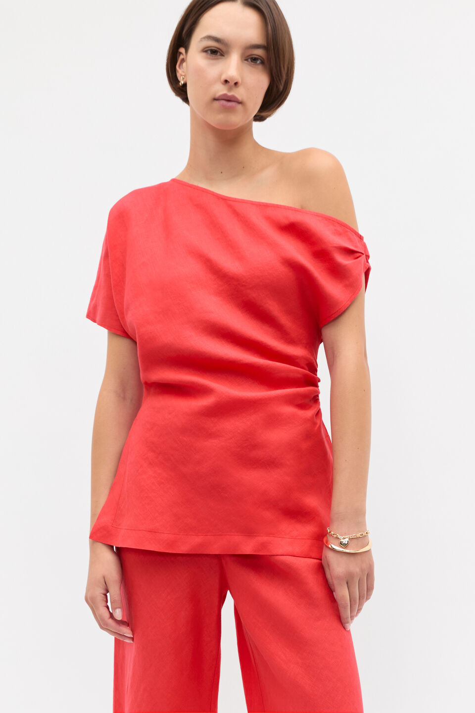 Linen Draped Split Hem Top  Electric Crimson