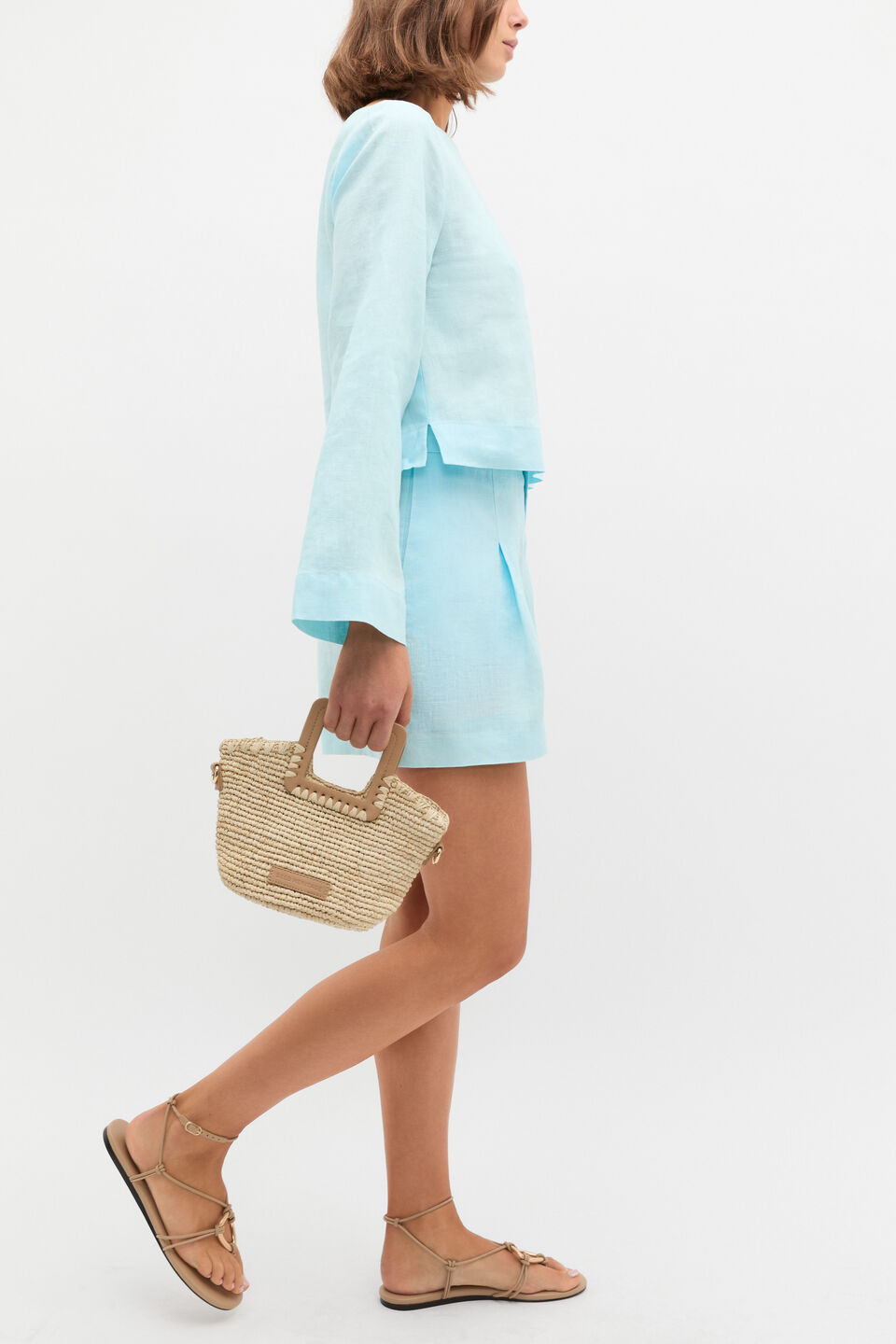 Linen Button Tab Short  Skyway