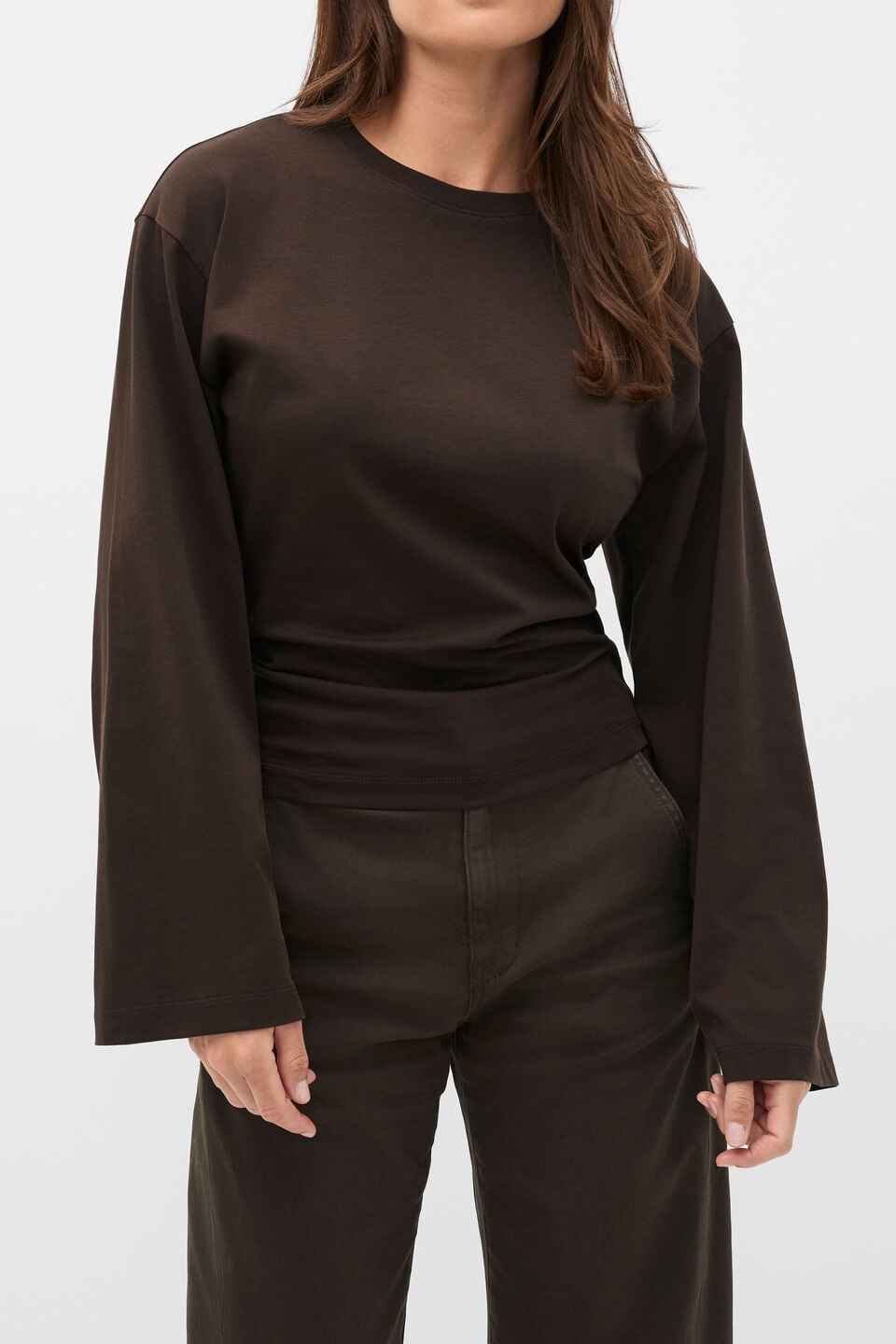 Cotton Long Sleeve Waisted Top  Coffee Bean