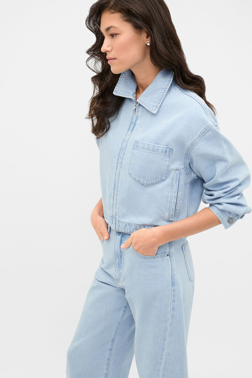 Cropped Zip Front Denim Jacket  Ice Blue Denim