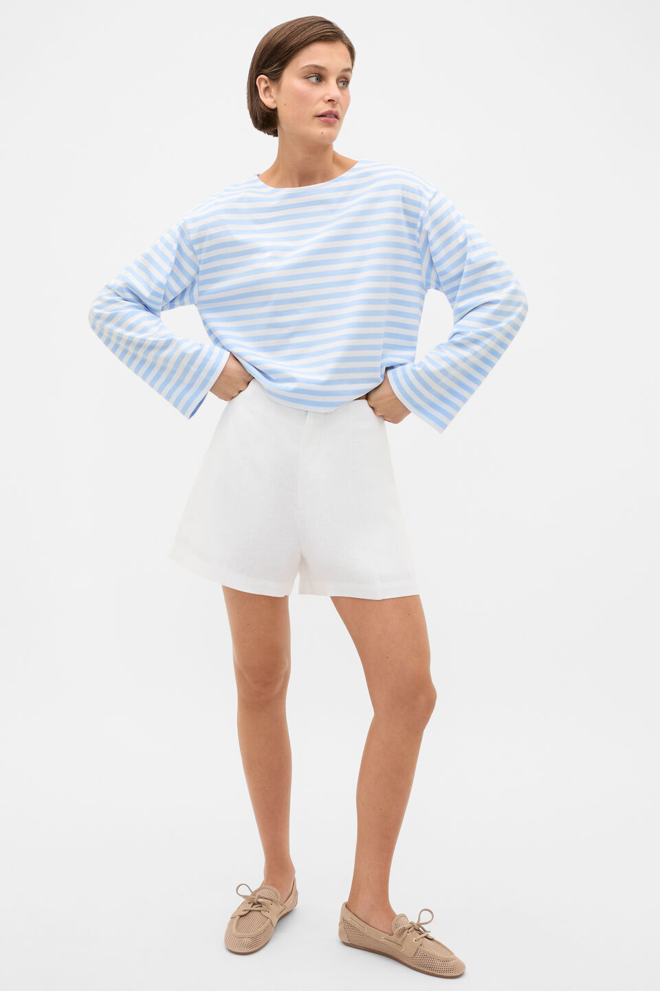 Boatneck Long Sleeve Top  Chalk Blue Stripe