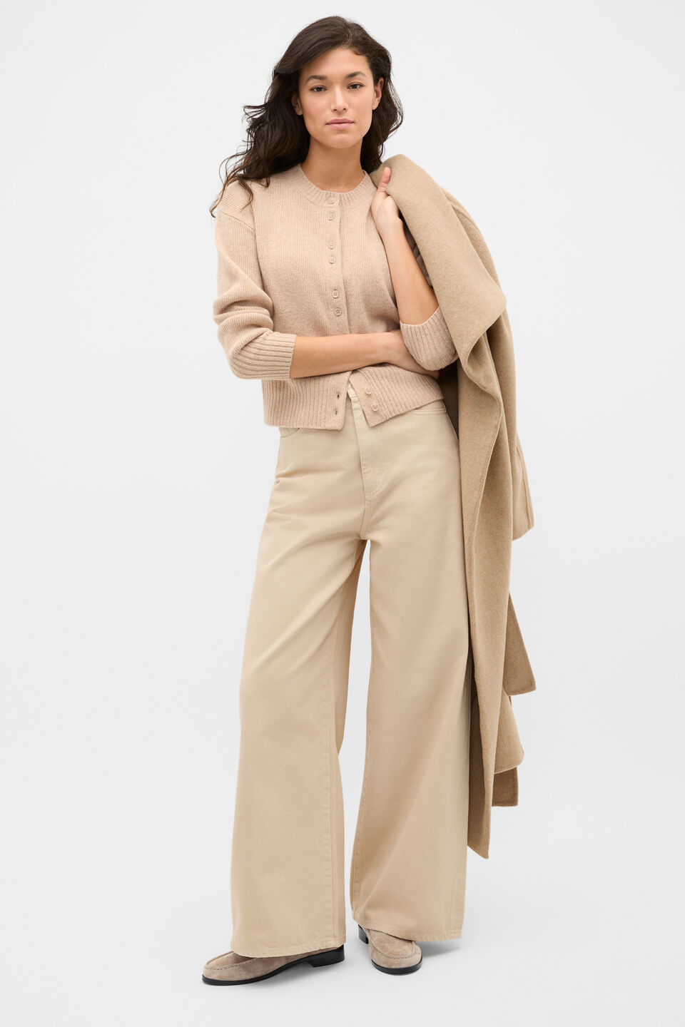 Merino Button Up Knit Cardigan  Sandstone Marle