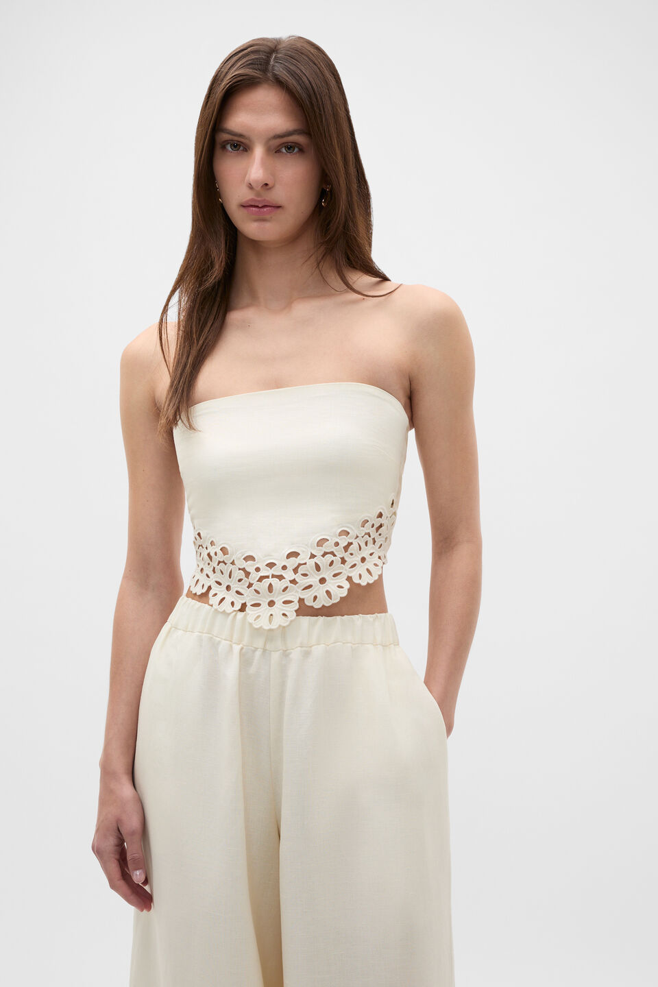 Linen Blend Cutwork Strapless Top  Coconut Cream