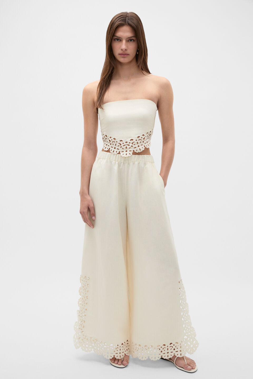 Linen Blend Cutwork Strapless Top  Coconut Cream