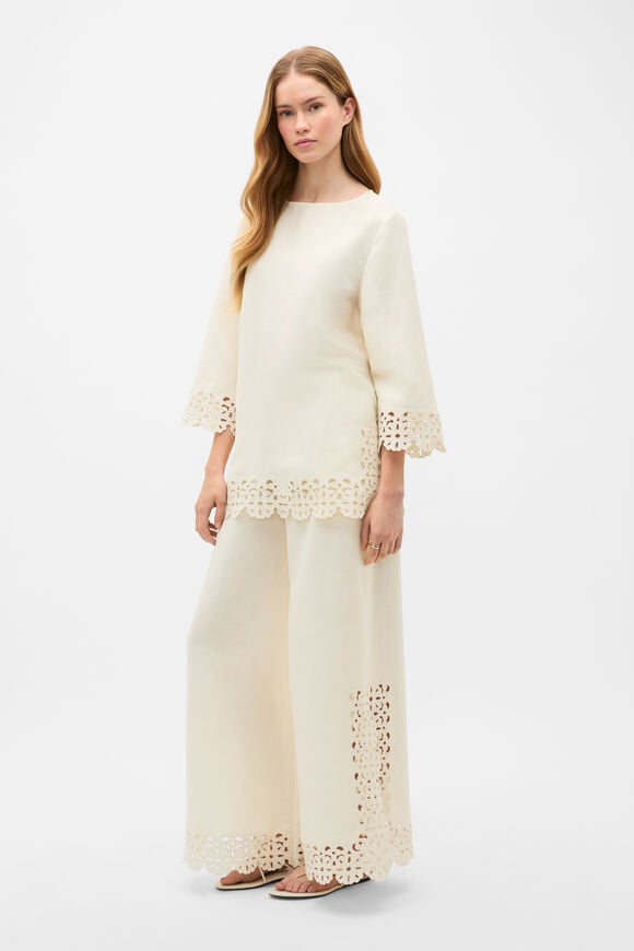 Linen Blend Cutwork Boxy Top  Coconut Cream  hi-res