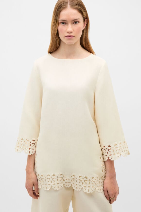 Linen Blend Cutwork Boxy Top  Coconut Cream  hi-res
