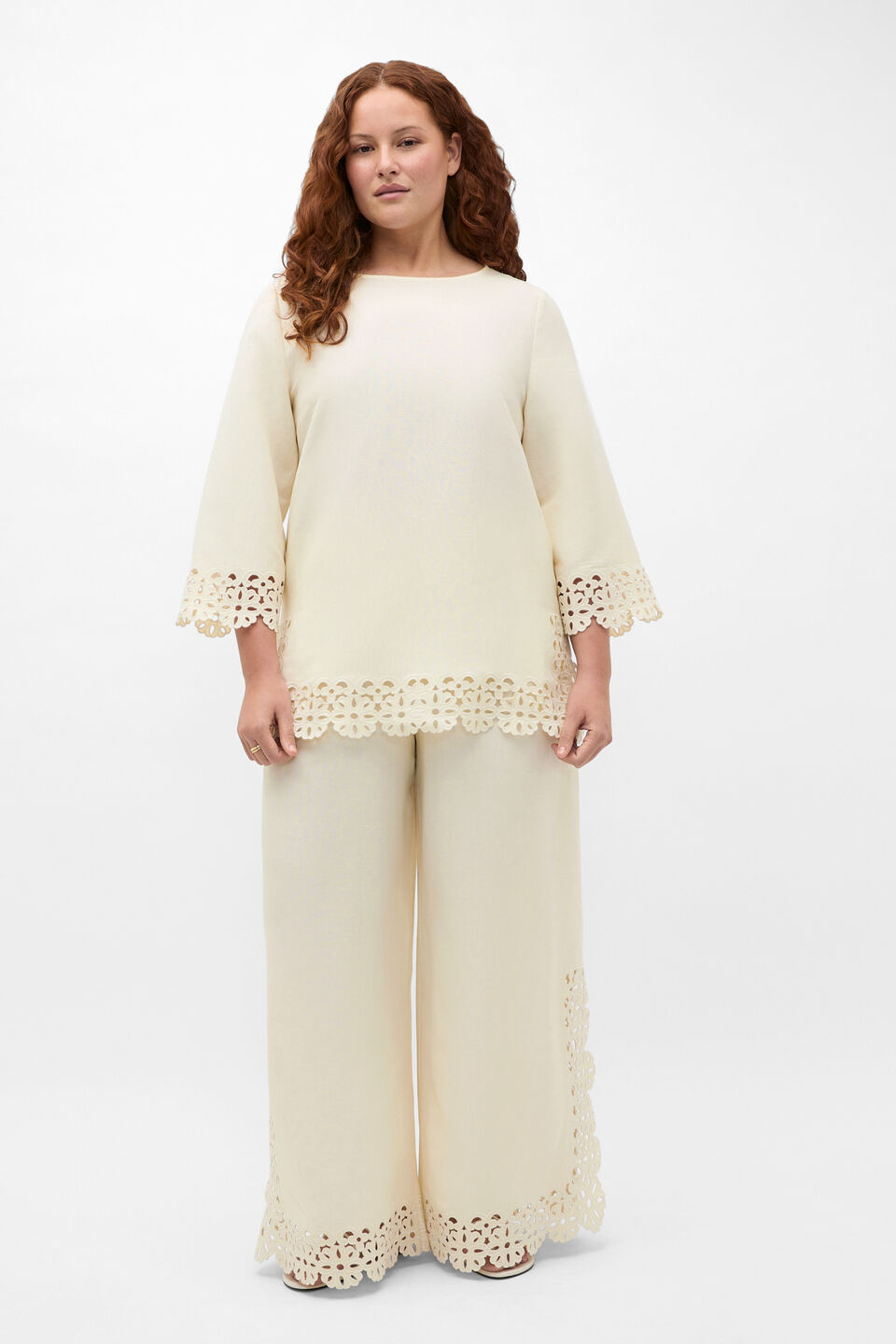 Linen Blend Cutwork Boxy Top  Coconut Cream