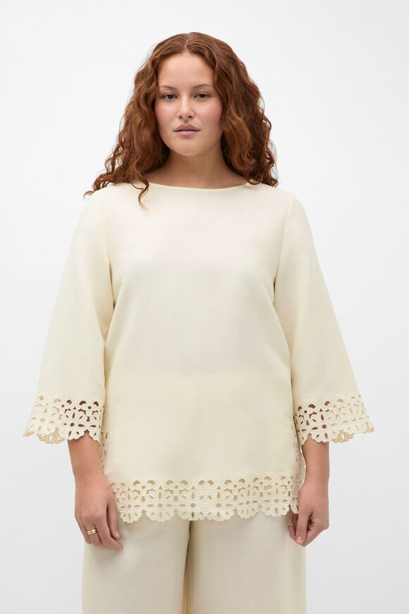 Linen Blend Cutwork Boxy Top  Coconut Cream  hi-res