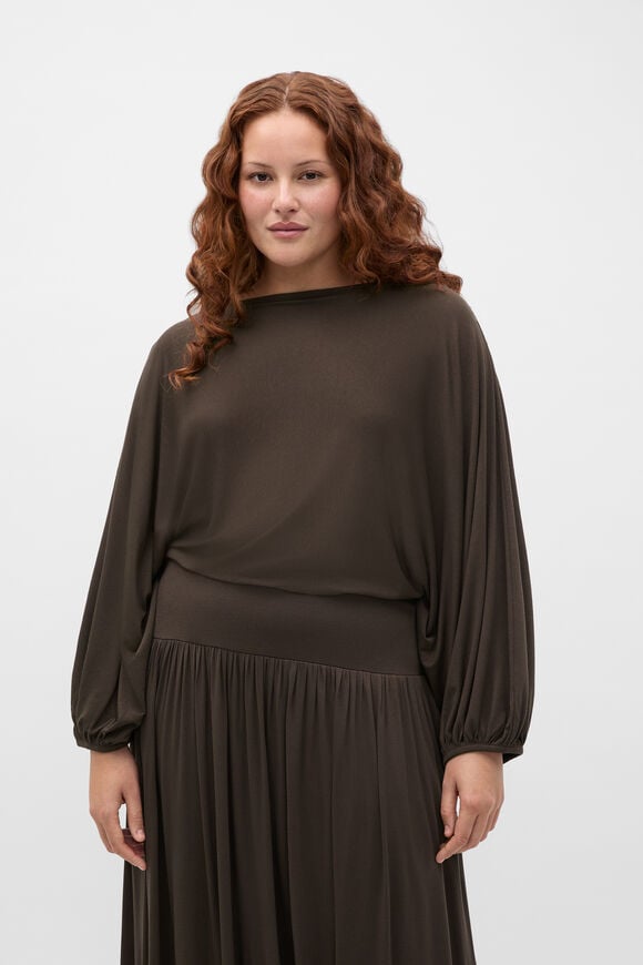 Fine Knit Bubble Sleeve Top  Dark Espresso  hi-res