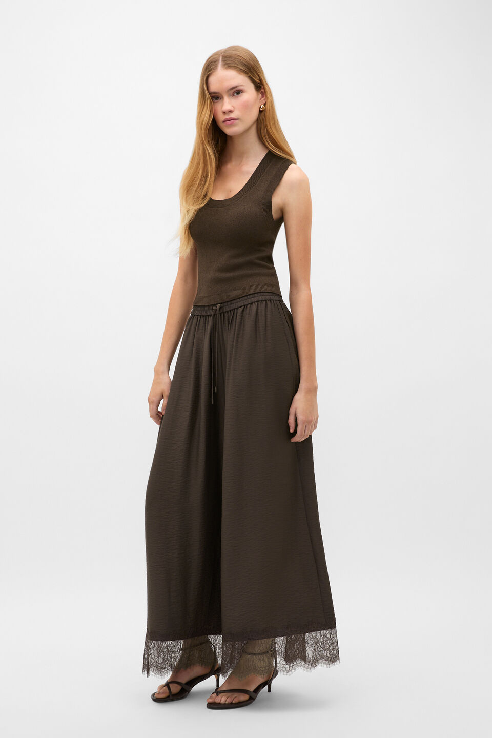 Crinkled Lace Trim Pant  Dark Espresso