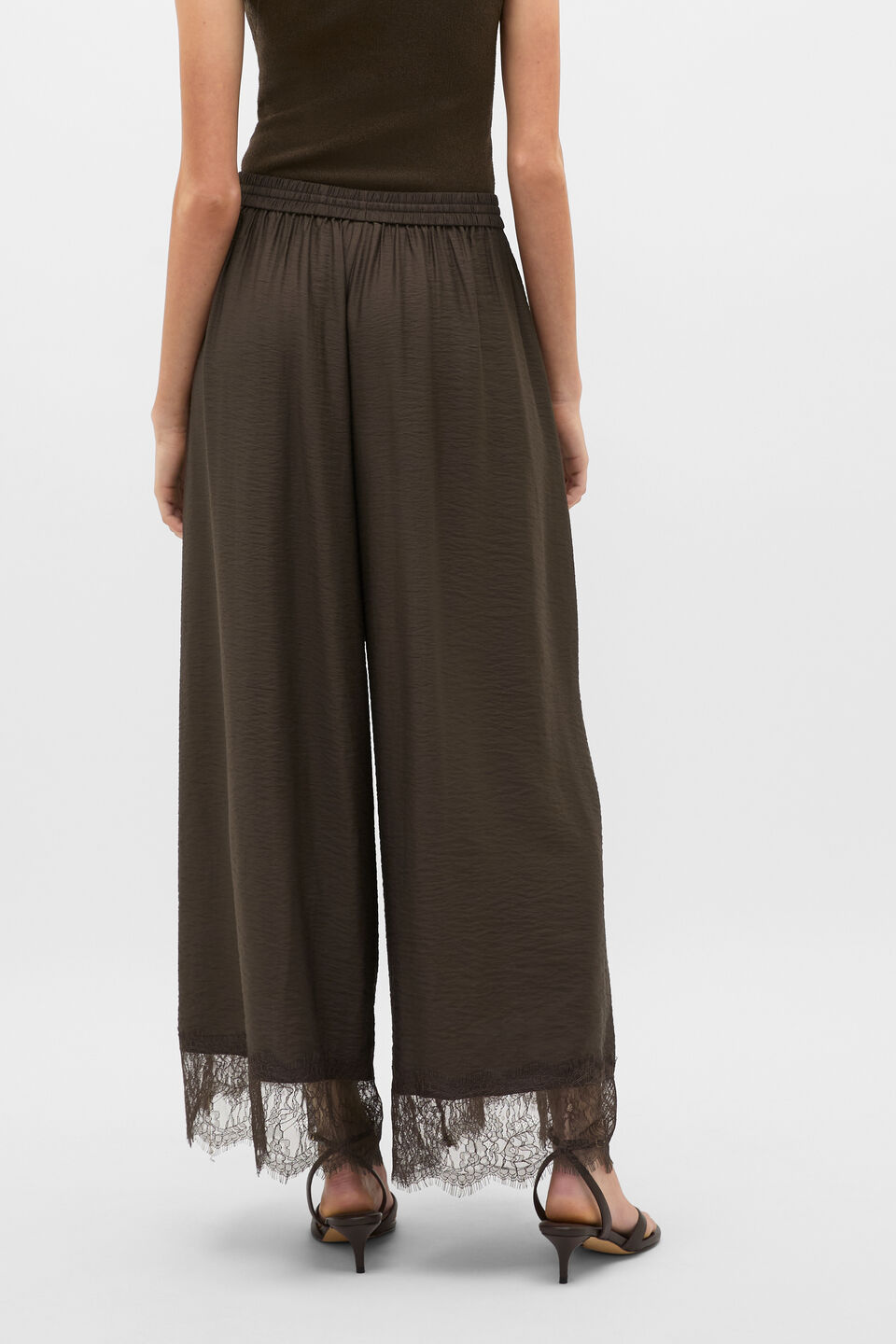 Crinkled Lace Trim Pant  Dark Espresso