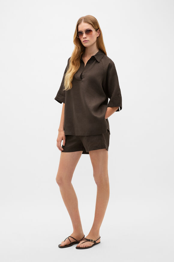 Core Linen Half Placket Popover  Dark Espresso  hi-res