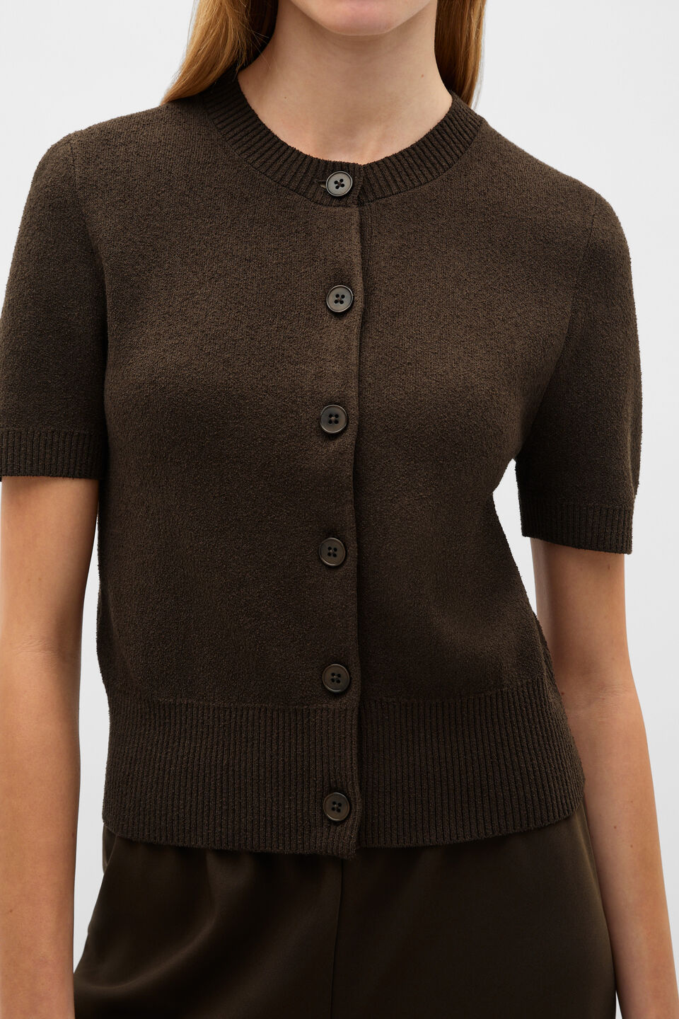 Boucle Short Sleeve Cardigan  Dark Espresso