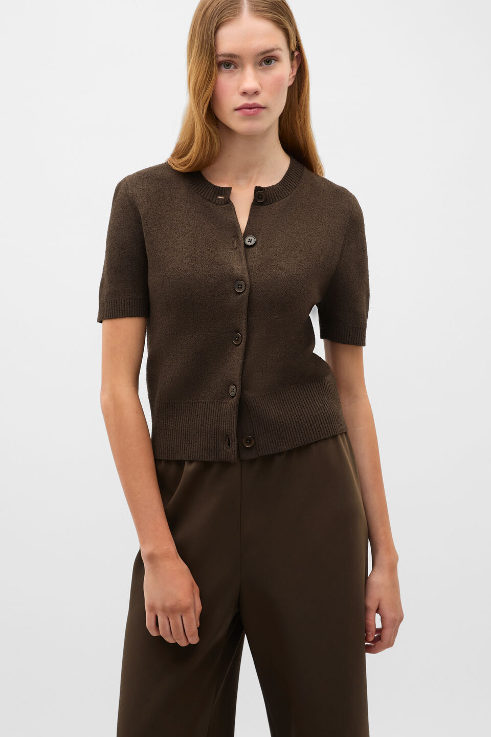 Boucle Short Sleeve Cardigan  Dark Espresso
