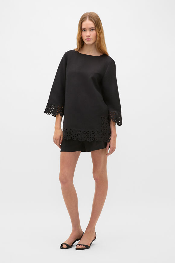 Linen Blend Cutwork Boxy Top  Black  hi-res
