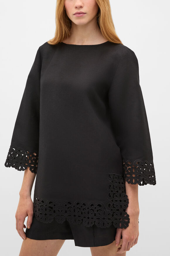Linen Blend Cutwork Boxy Top  Black  hi-res