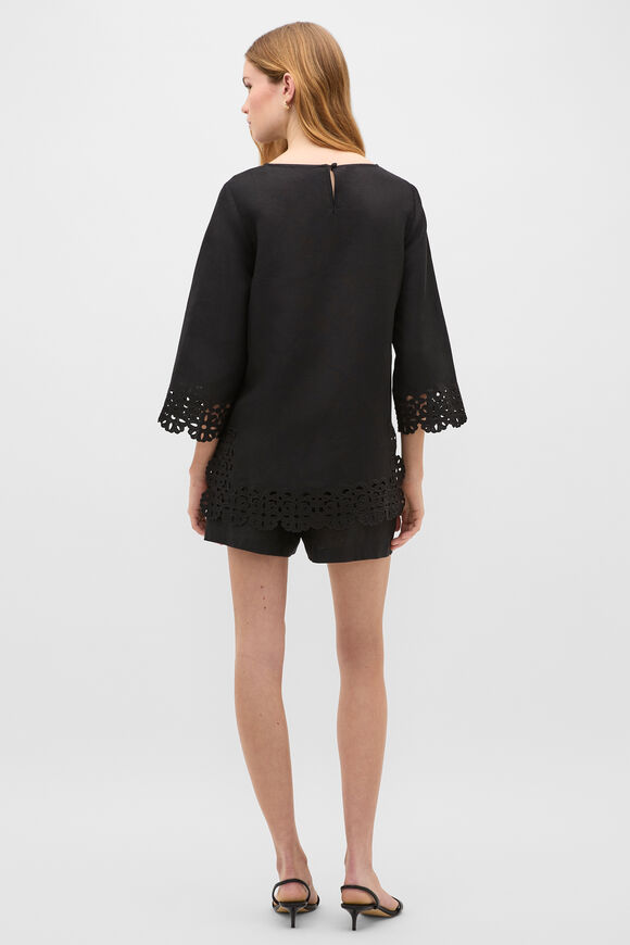 Linen Blend Cutwork Boxy Top  Black  hi-res