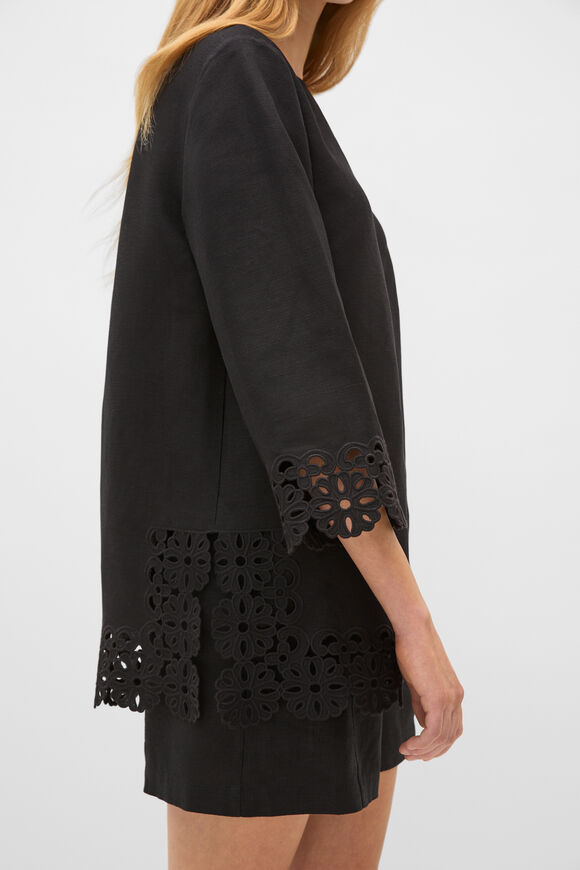 Linen Blend Cutwork Boxy Top  Black  hi-res