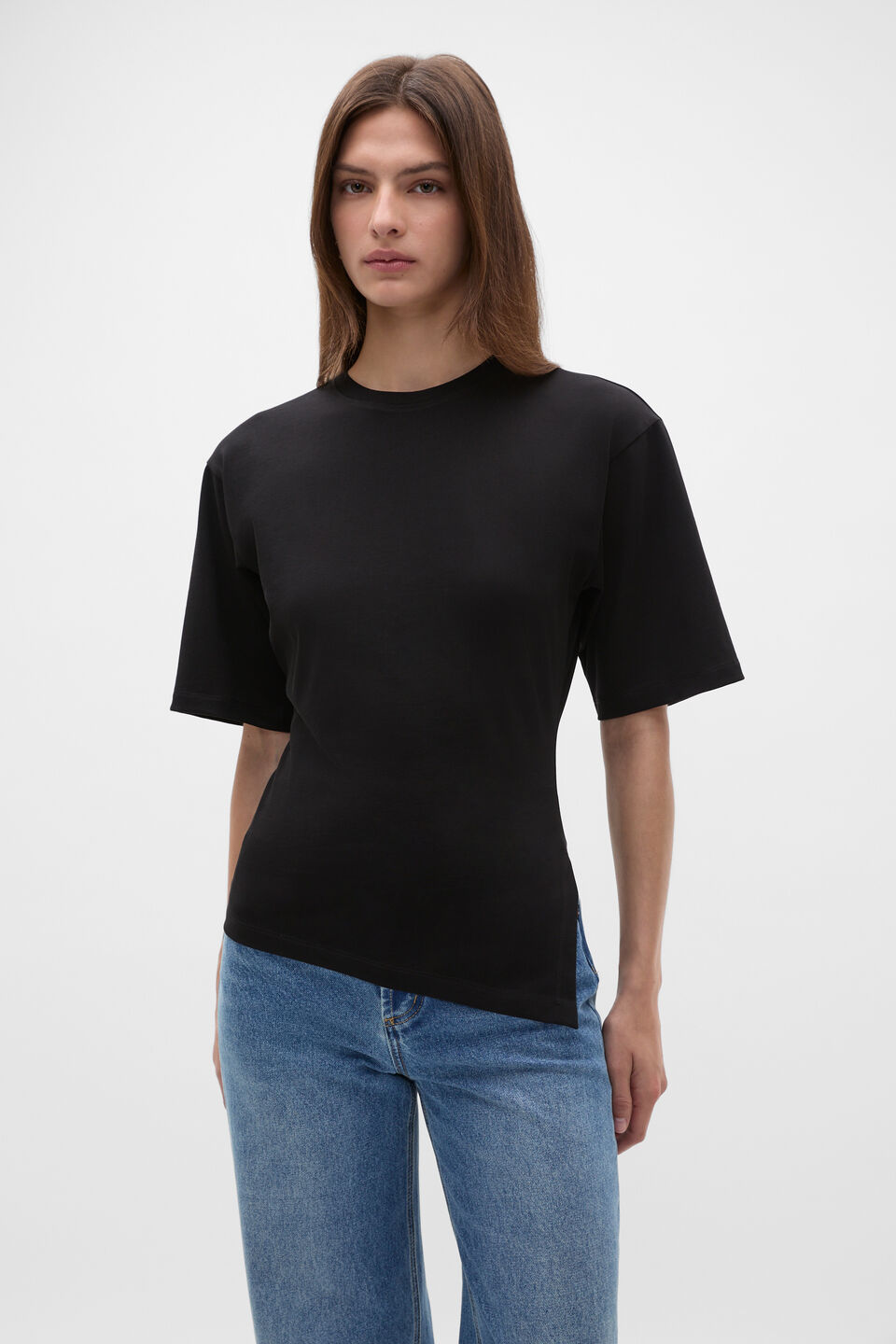 Waisted Asymmetrical Hem Tee  Black