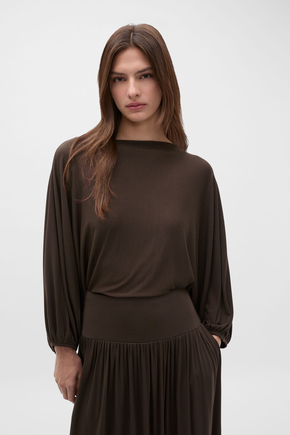 Fine Knit Bubble Sleeve Top  Dark Espresso