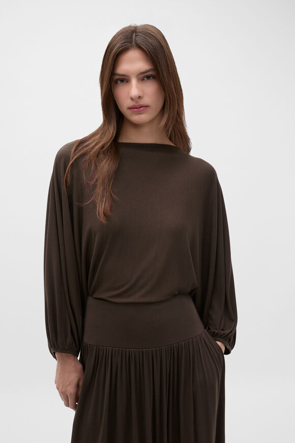 Fine Knit Bubble Sleeve Top  Dark Espresso  hi-res