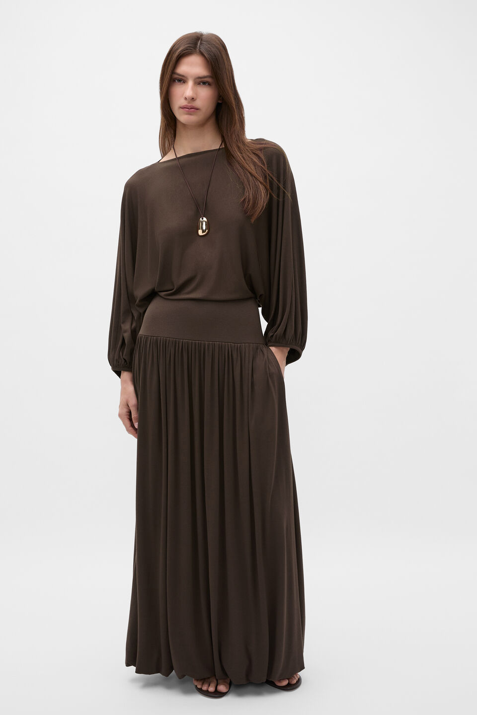 Fine Knit Bubble Sleeve Top  Dark Espresso