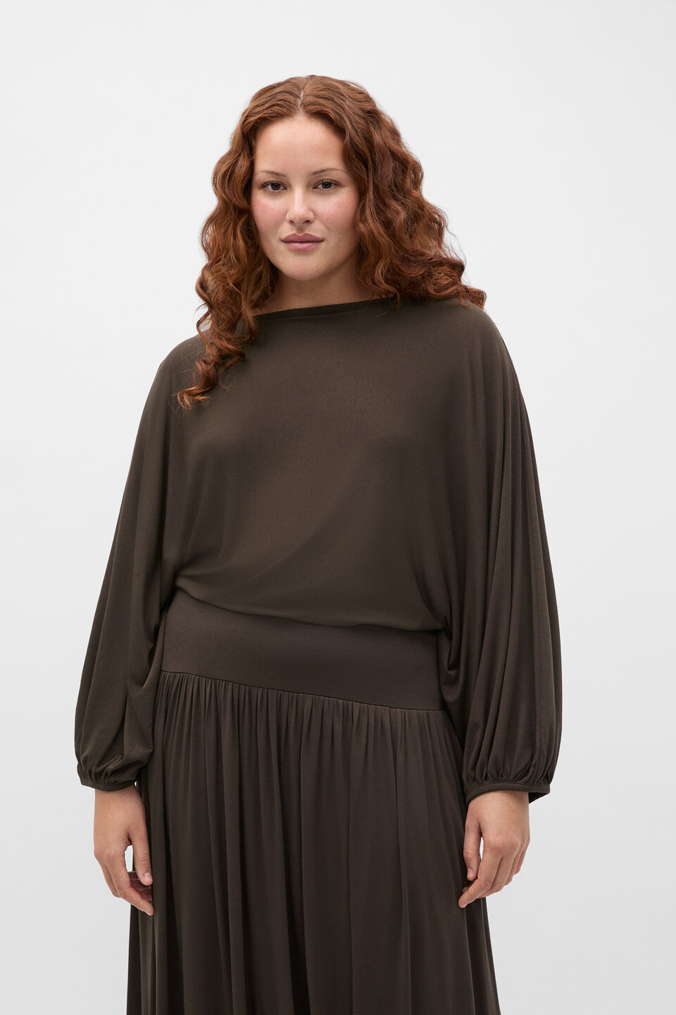 Fine Knit Bubble Sleeve Top  Dark Espresso