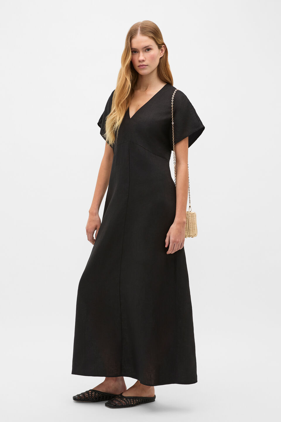 Linen V Neck Midi Dress  Black