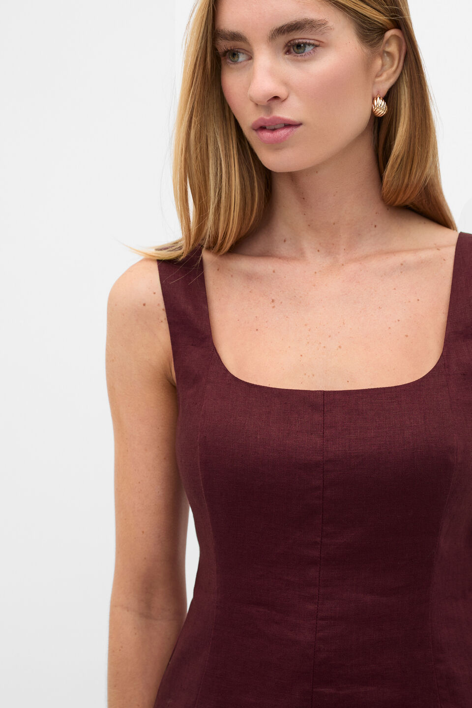 Linen Longline Waisted Top  Plum Red