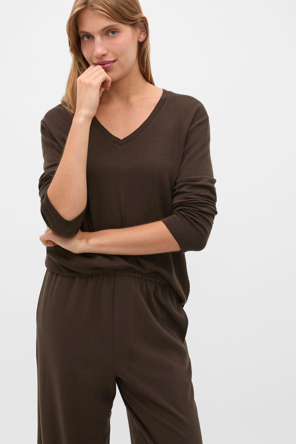 Australian Merino V Neck Top  Coffee Bean