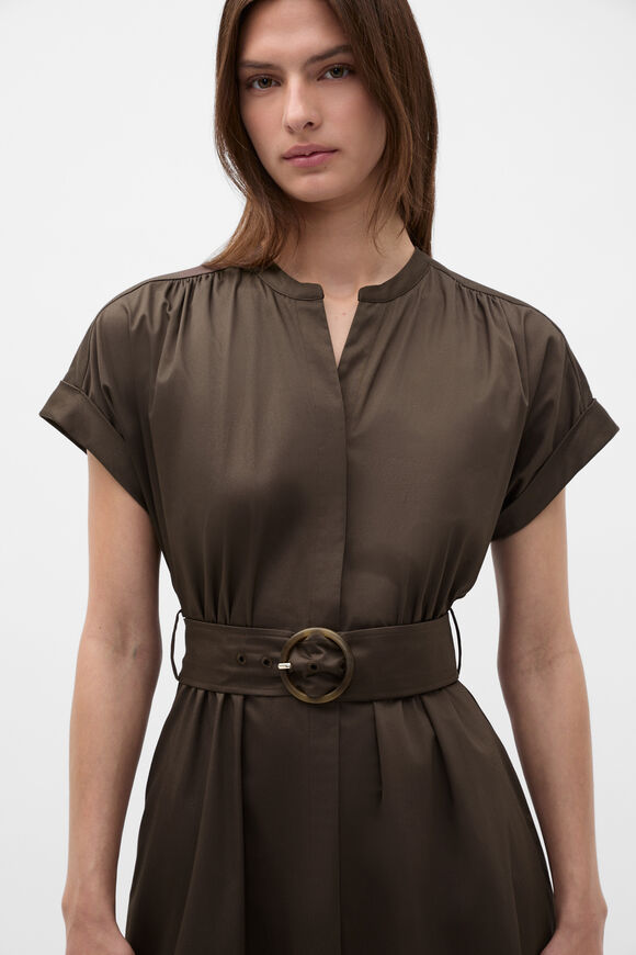 Cotton Blend Belted Shirt Dress  Dark Espresso  hi-res