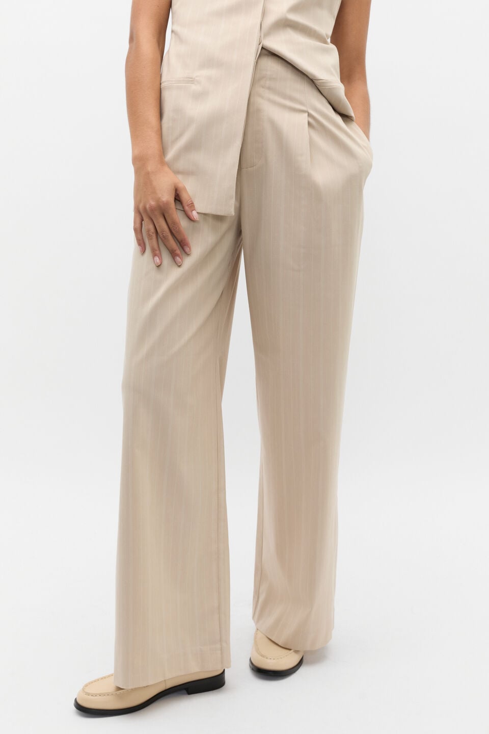 Pinstripe Pleat Pant  Latte Pinstripe