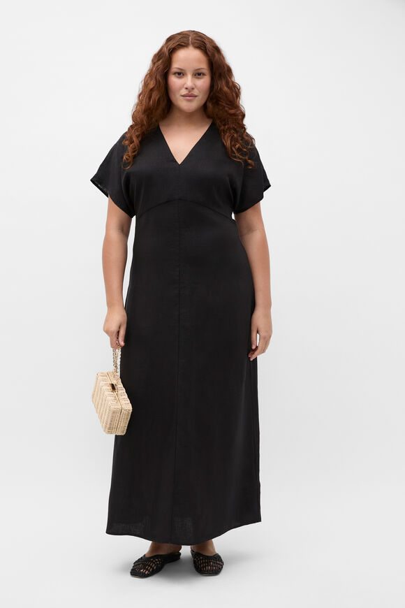 Linen V Neck Midi Dress  Black  hi-res