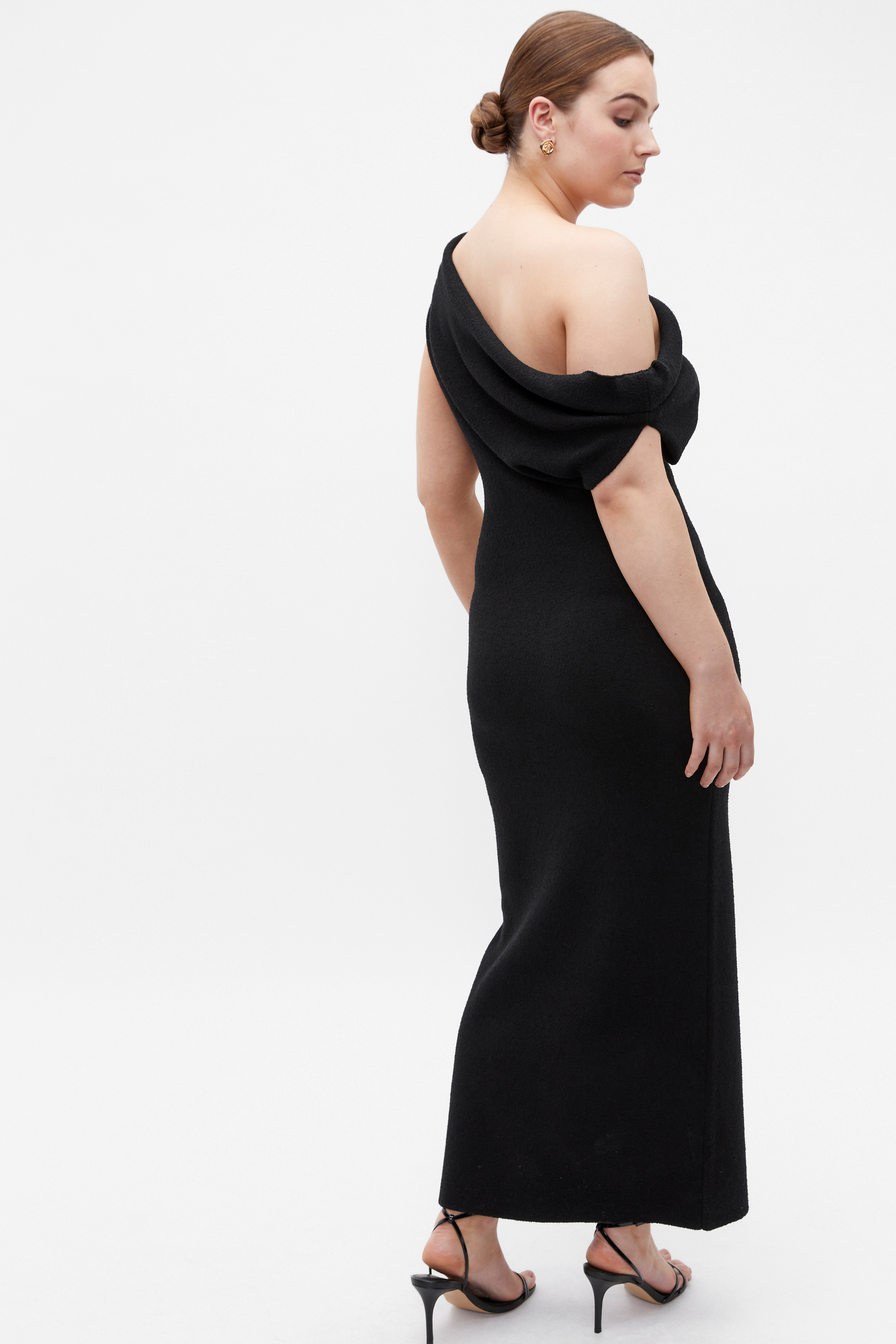 Boucle Knit Off Shoulder Dress | Black | Seed Heritage