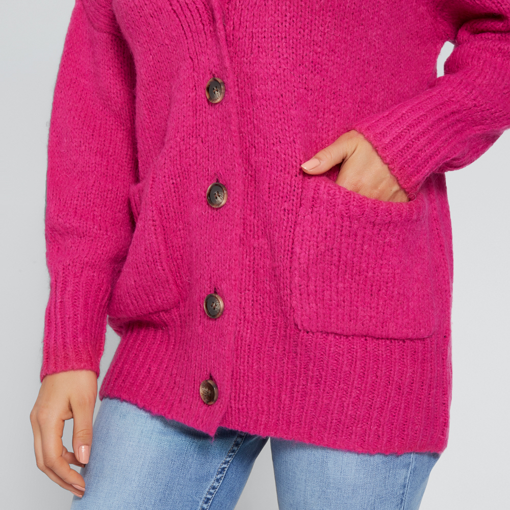 pink button down sweater