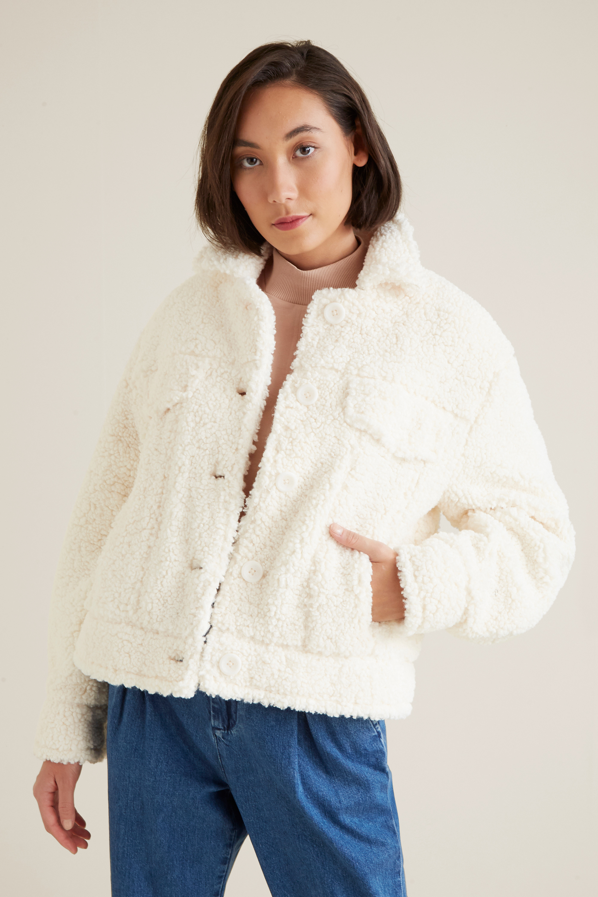 cropped teddy jacket white